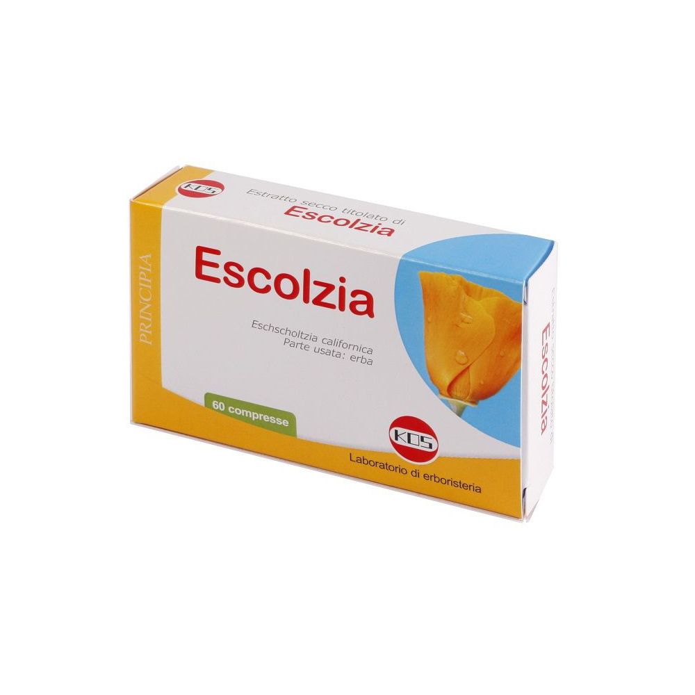 Scatola con scritta del prodotto. Scritta: Escolzia, 60 compresse. Illustrazione di un fiore. Marchio KOS.