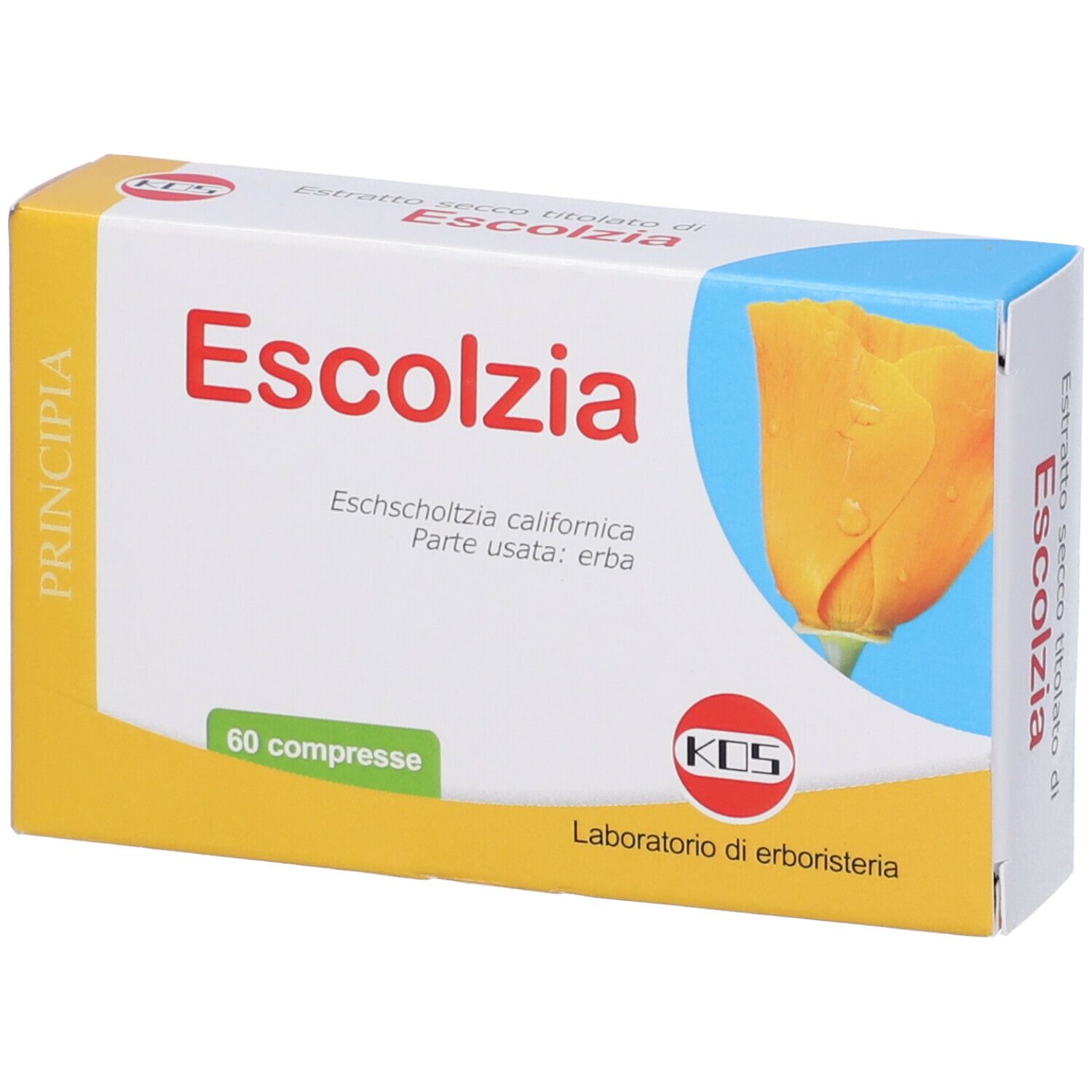 Scatola con scritta del prodotto. Scritta: Escolzia, 60 compresse. Illustrazione di un fiore. Marchio KOS.