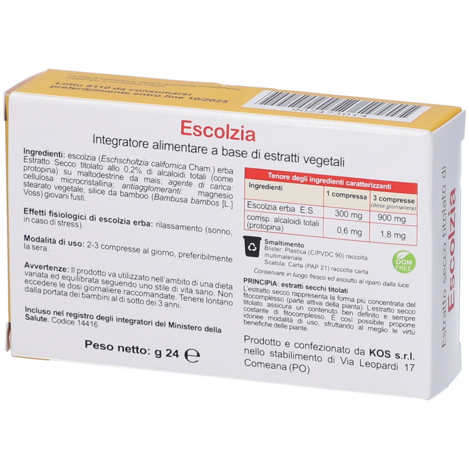 Scatola con informazioni sul prodotto. Scritta: Escolzia. Ingredienti e dosaggio. Marchio KOS.