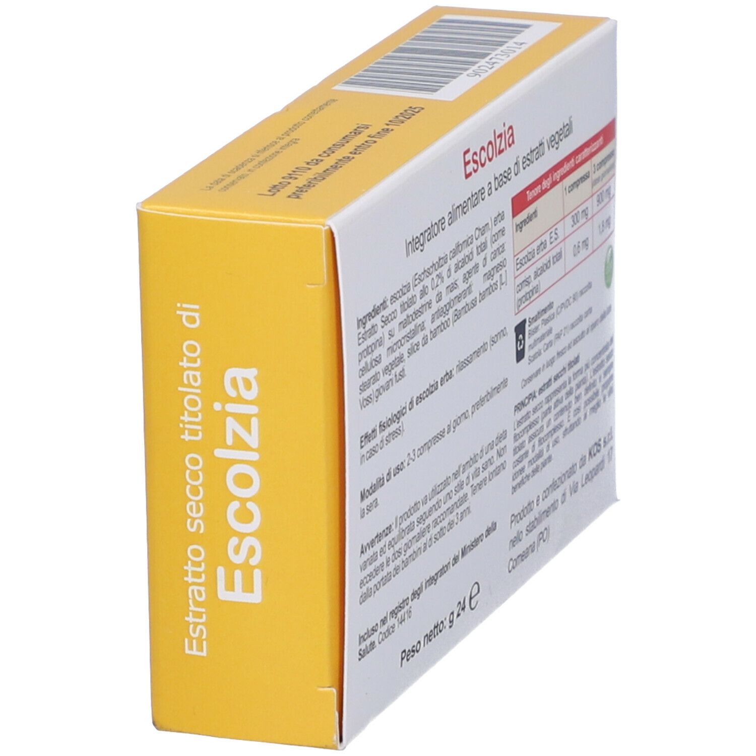 Scatola con informazioni sul prodotto. Scritta: Escolzia. Ingredienti e dosaggio. Marchio KOS.