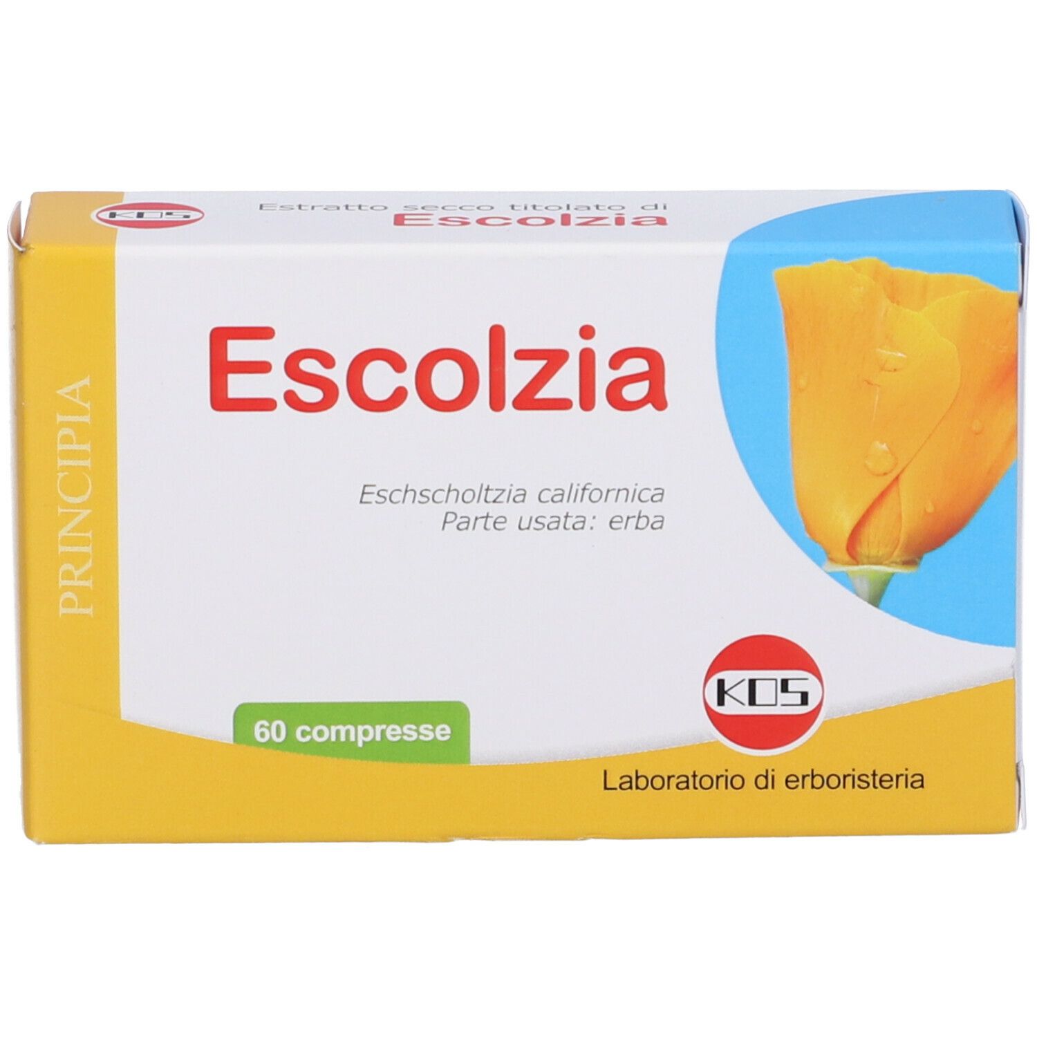 Scatola con scritta del prodotto. Scritta: Escolzia, 60 compresse. Illustrazione di un fiore. Marchio KOS.