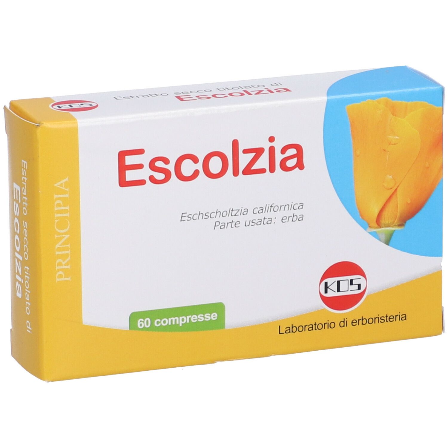 Scatola con scritta del prodotto. Scritta: Escolzia, 60 compresse. Illustrazione di un fiore. Marchio KOS.