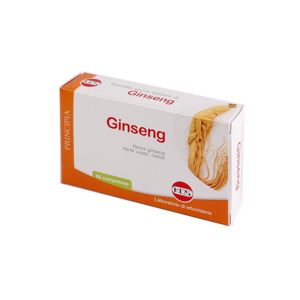 Scatola di compresse di ginseng. Scritta "Ginseng", "60 compresse", logo "KOS".