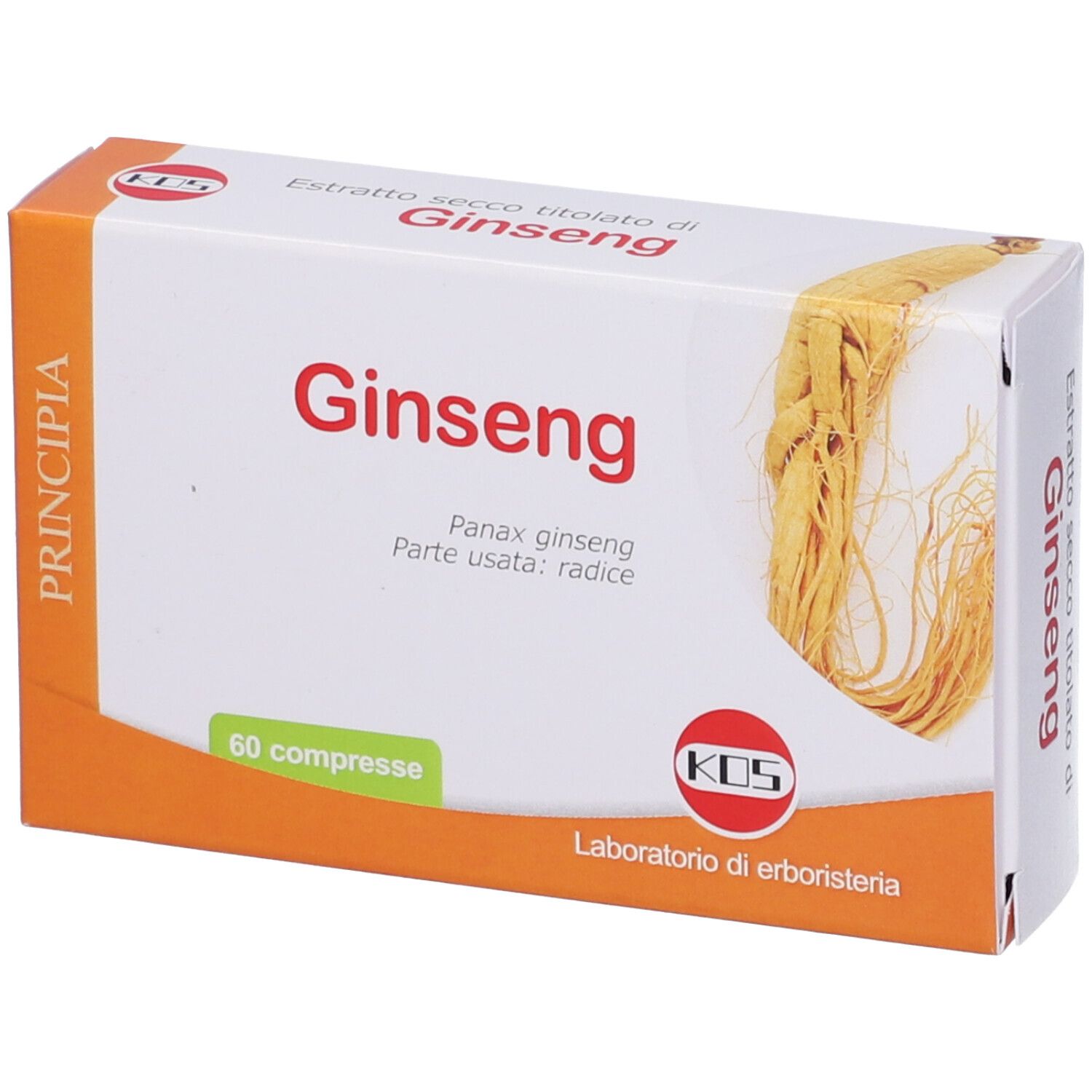 Scatola di compresse di ginseng. Scritta "Ginseng", "60 compresse", logo "KOS".