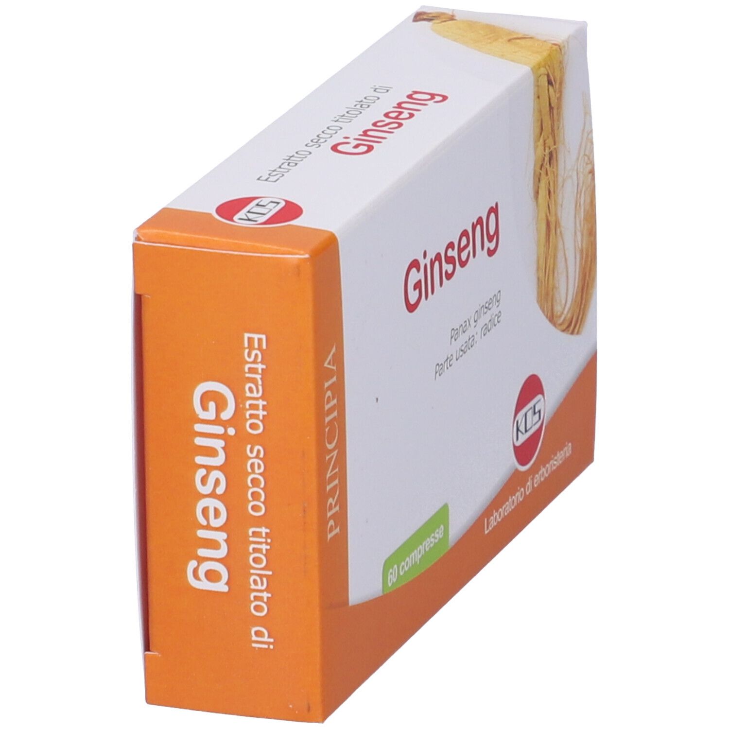 Scatola di compresse di ginseng. Scritta "Ginseng", "60 compresse", logo "KOS".