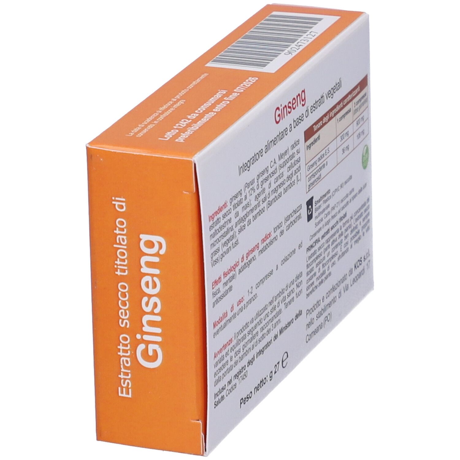 Vista obliqua della scatola di compresse di ginseng. Testo con ingredienti e dosaggio. Logo "KOS".