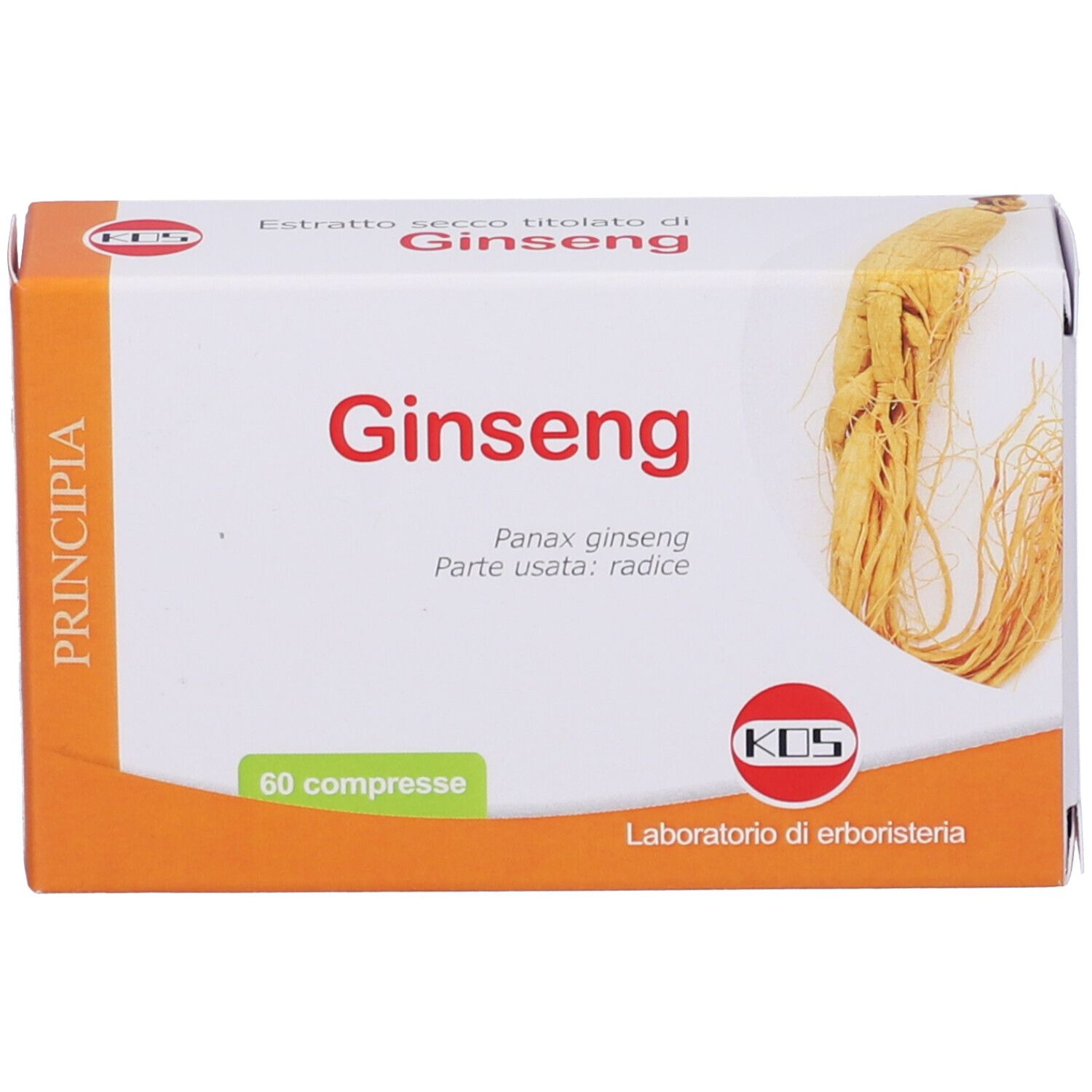 Scatola di compresse di ginseng. Scritta "Ginseng", "60 compresse", logo "KOS".