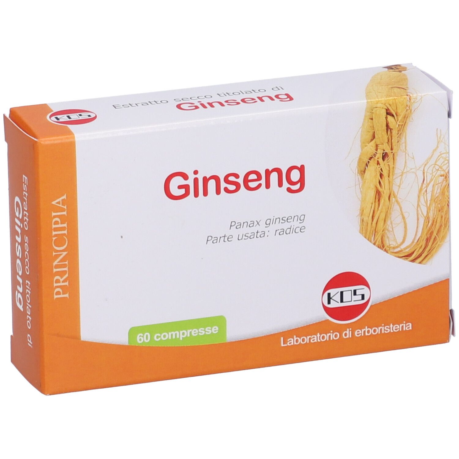 Scatola di compresse di ginseng. Scritta "Ginseng", "60 compresse", logo "KOS".