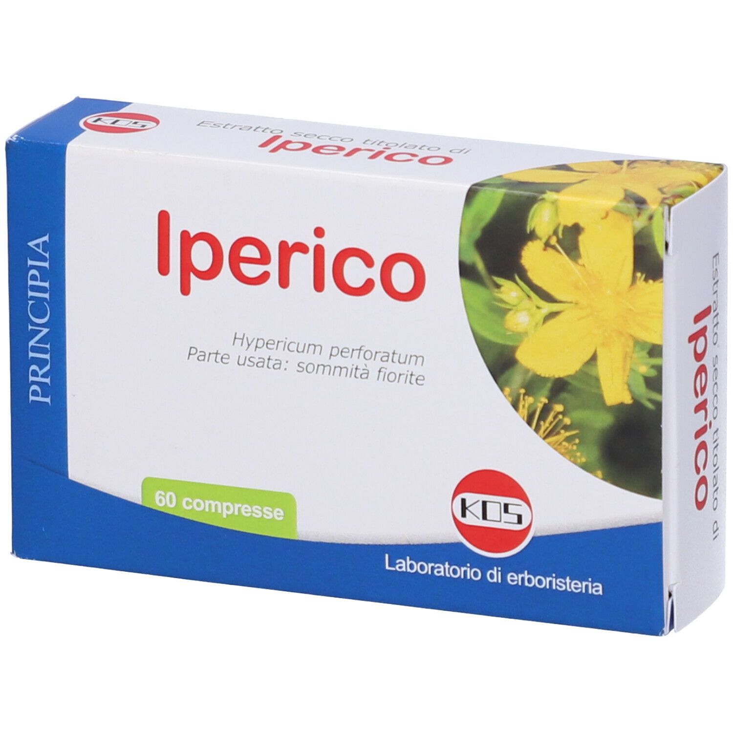 Scatola di compresse "Iperico". Scritto "60 compresse". Logo "KOS".