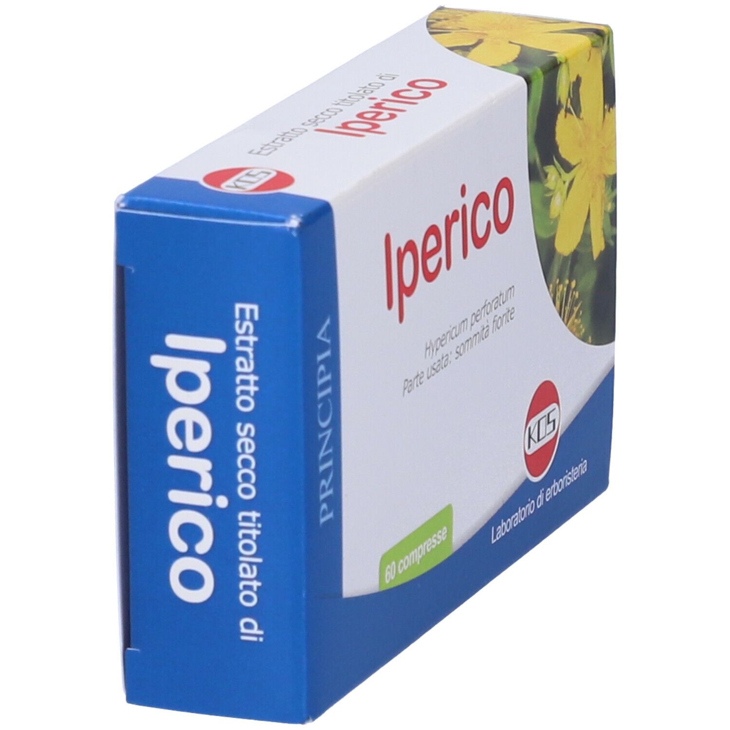 Scatola "Iperico" con logo "KOS". Scritto "60 compresse".
