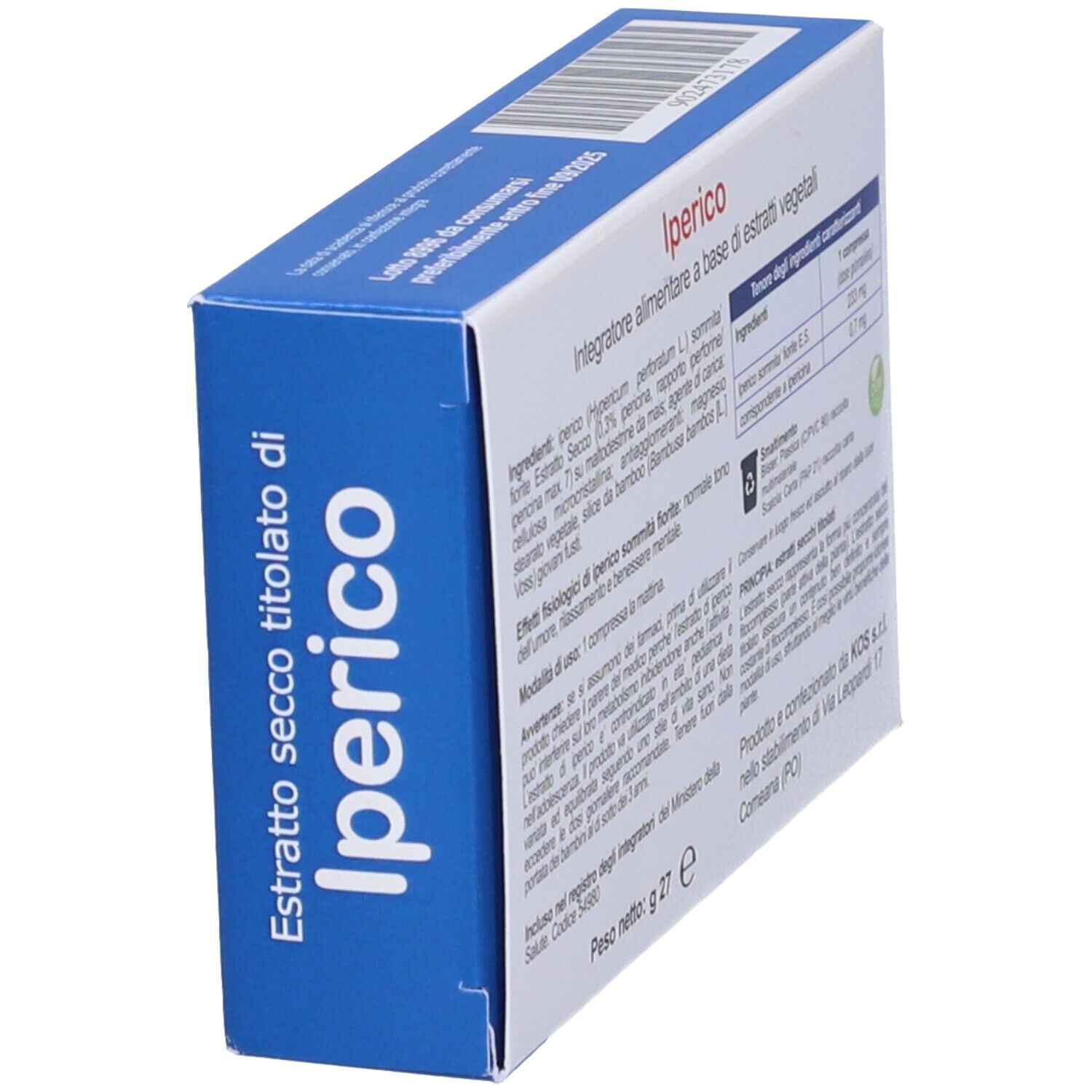 Scatola "Iperico" con testo sugli ingredienti. Peso: 27 g.