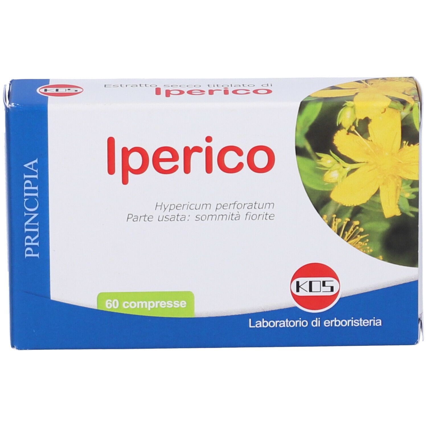 Scatola "Iperico" con logo "KOS". Scritto "60 compresse".