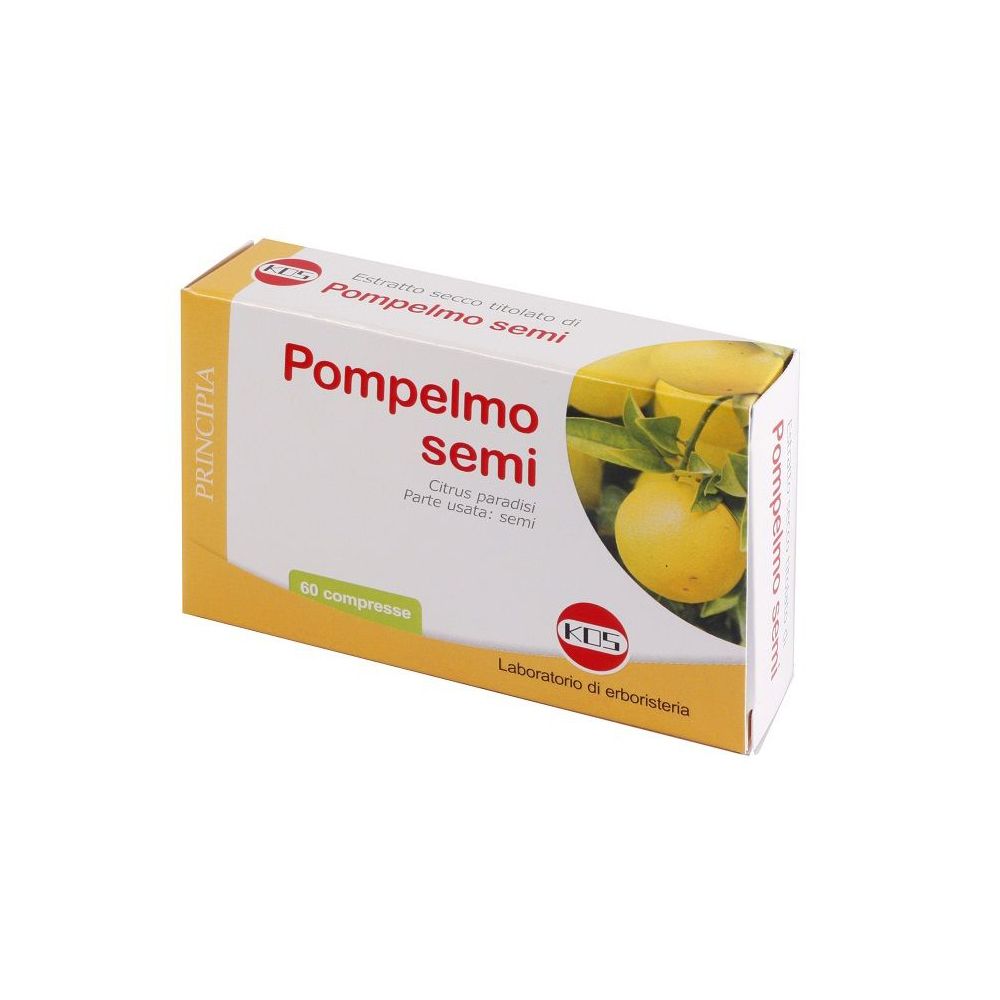Scatola KOS 'Pompelmo semi'. 60 compresse. Scatola giallo-bianca con immagine prodotto e logo.