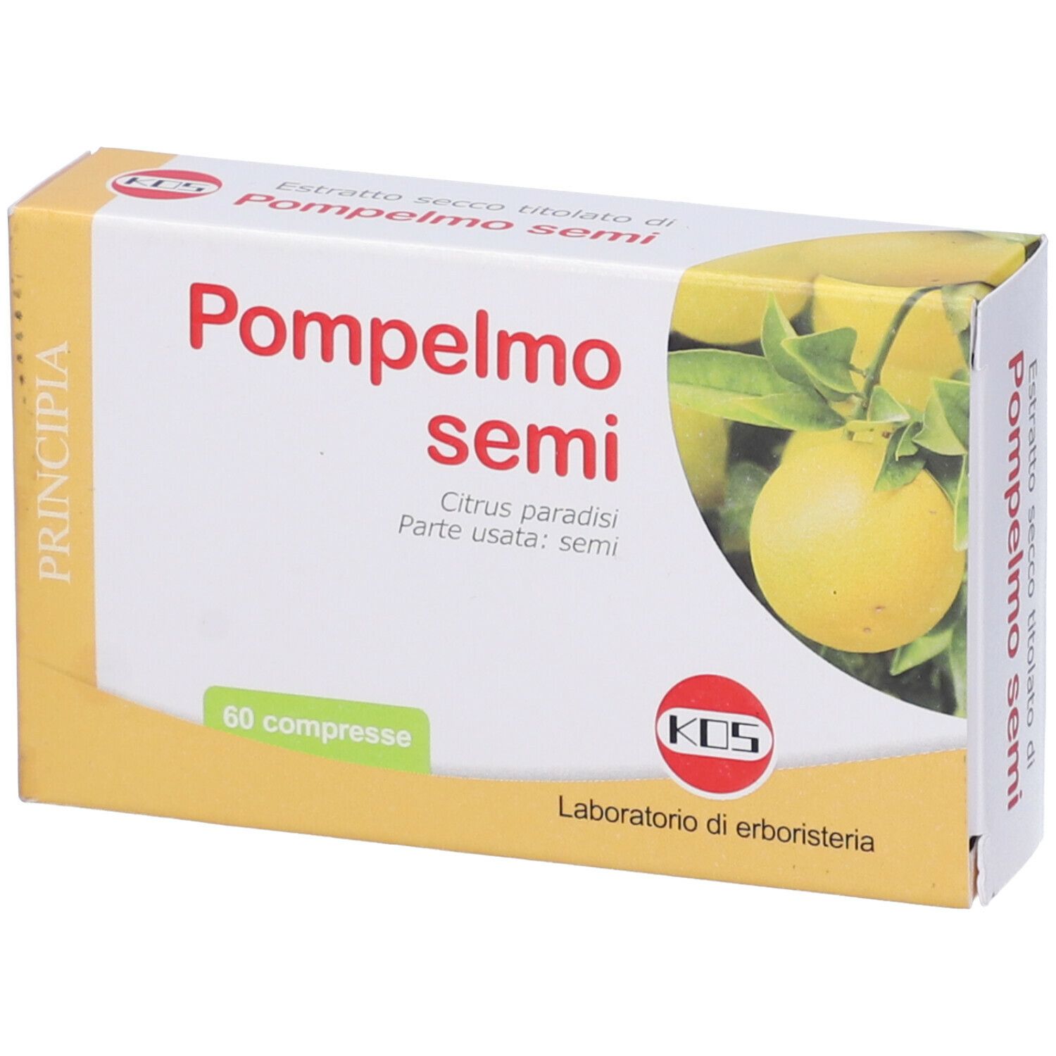 Scatola KOS 'Pompelmo semi'. 60 compresse. Scatola giallo-bianca con immagine prodotto e logo.