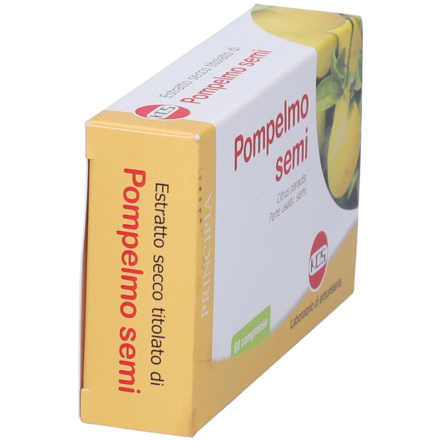 Scatola KOS 'Pompelmo semi'. 60 compresse. Scatola giallo-bianca con immagine prodotto e logo.