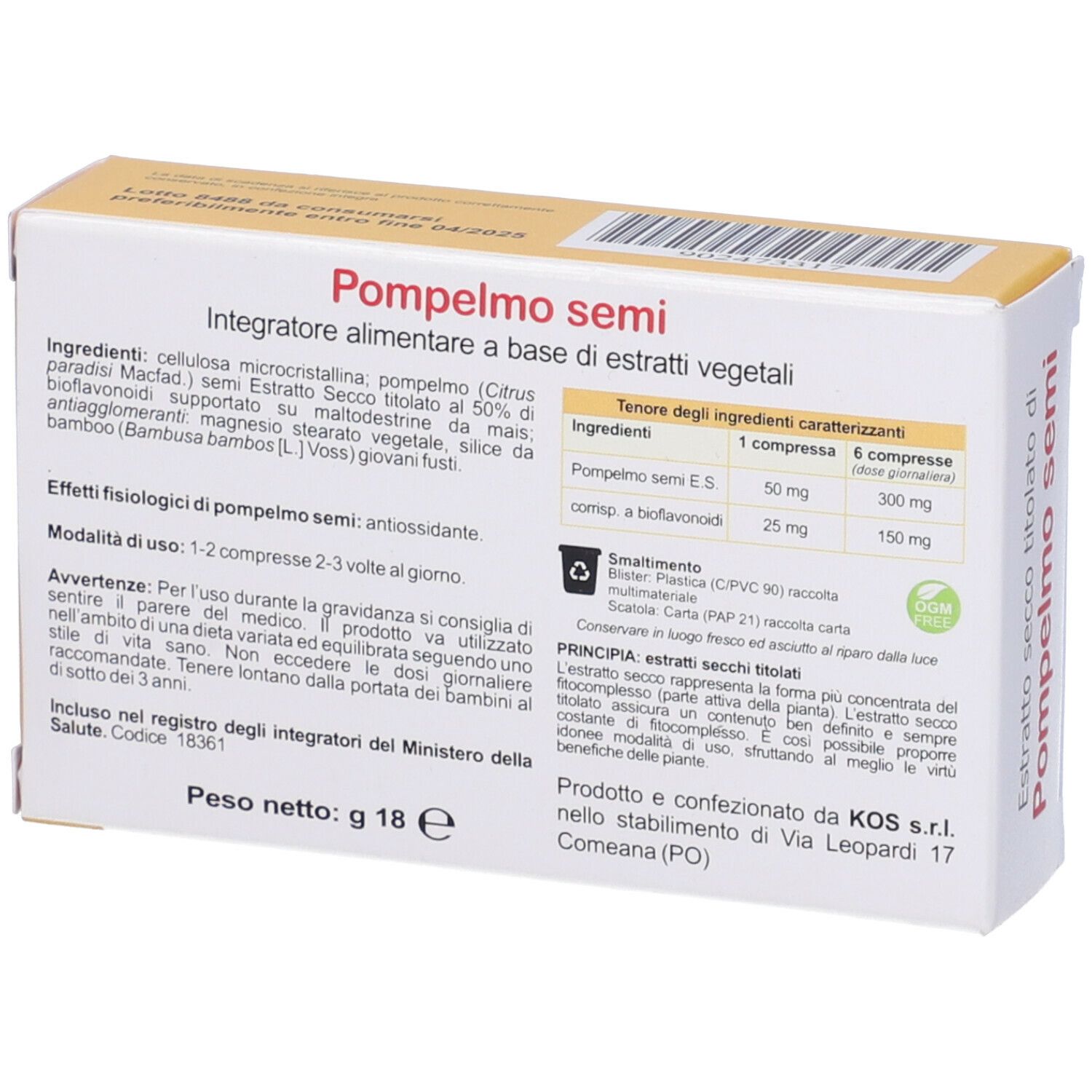 Retro scatola KOS 'Pompelmo semi'. Testo con ingredienti e dosaggio. Scatola giallo-bianca.