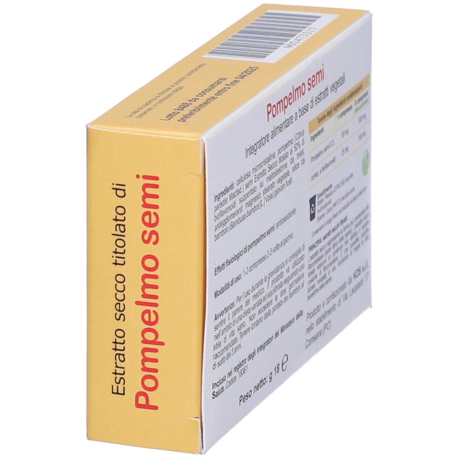 Scatola KOS 'Pompelmo semi'. Testo sul lato. Scatola giallo-bianca con immagine prodotto.