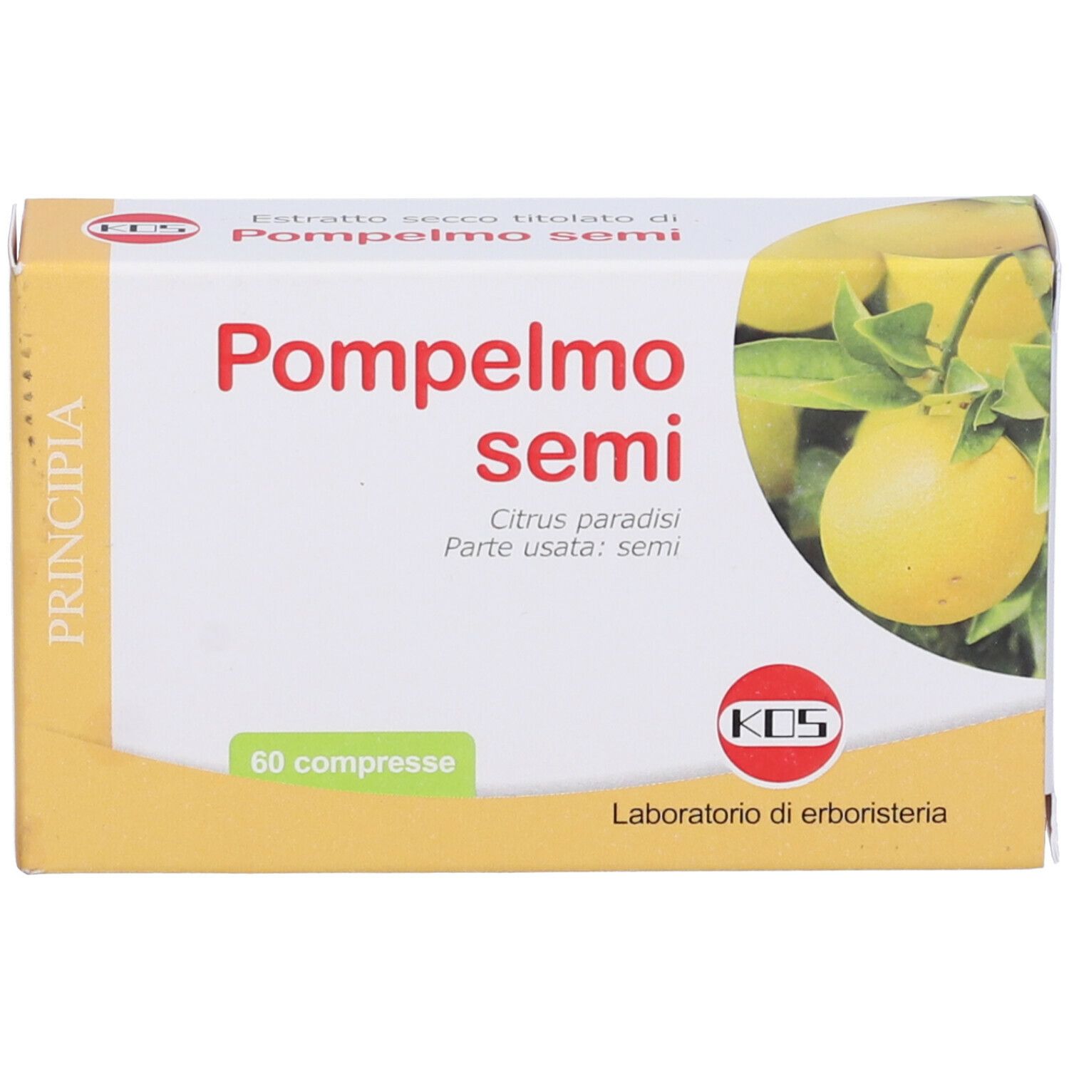 Scatola KOS 'Pompelmo semi'. 60 compresse. Scatola giallo-bianca con immagine prodotto e logo.