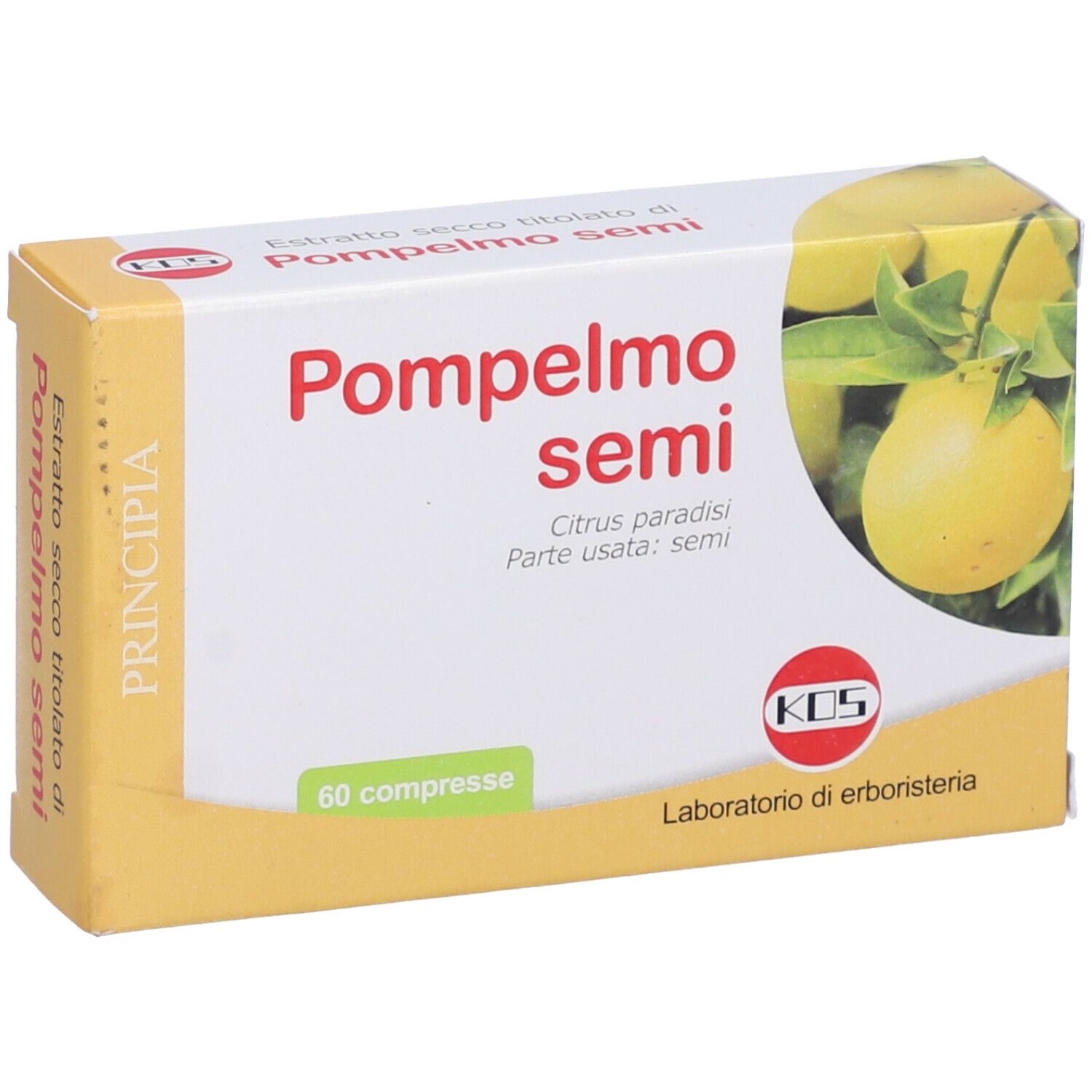 Scatola KOS 'Pompelmo semi'. 60 compresse. Scatola giallo-bianca con immagine prodotto e logo.