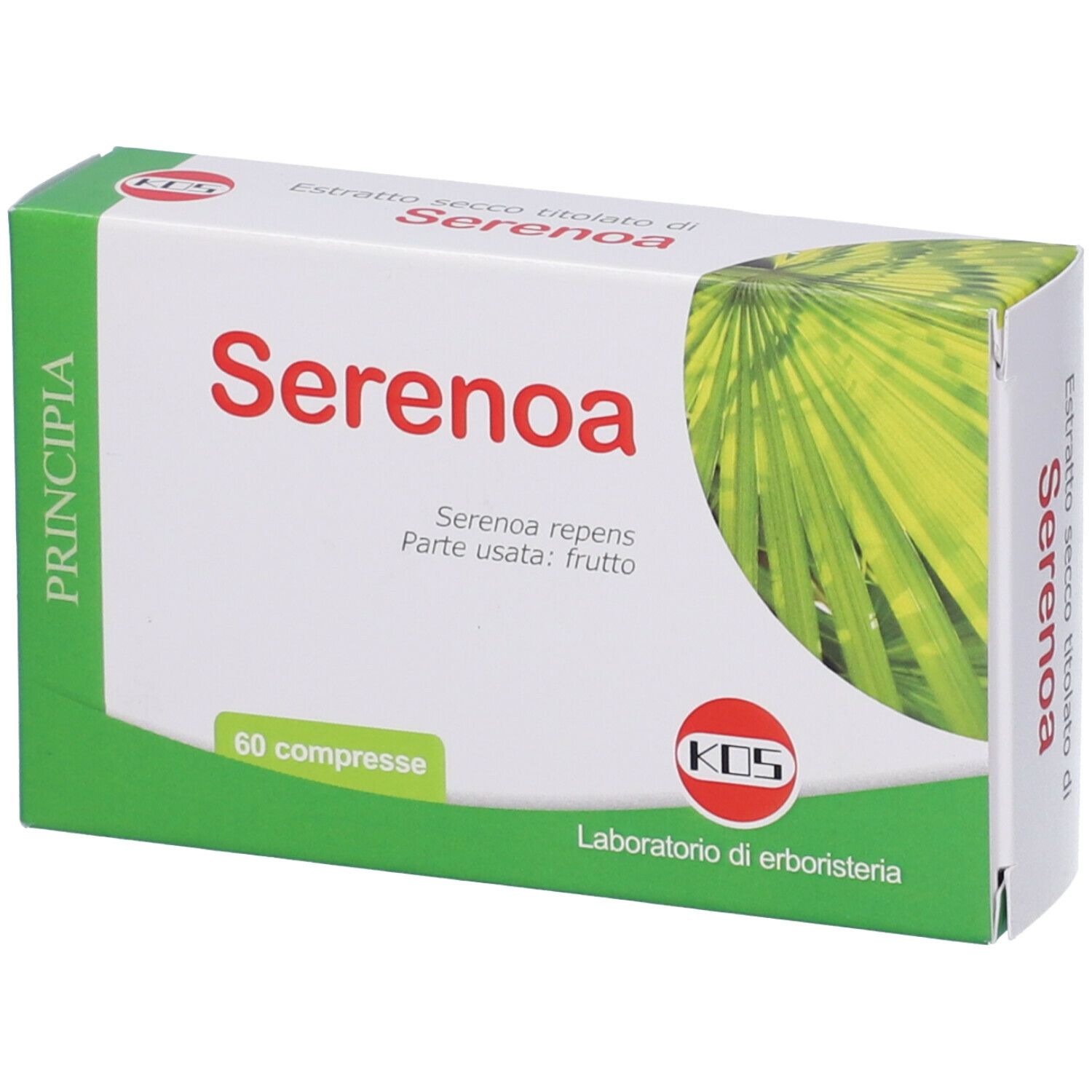 Scatola di compresse "Serenoa". Confezione verde e bianca con nome del prodotto e logo. 60 compresse.