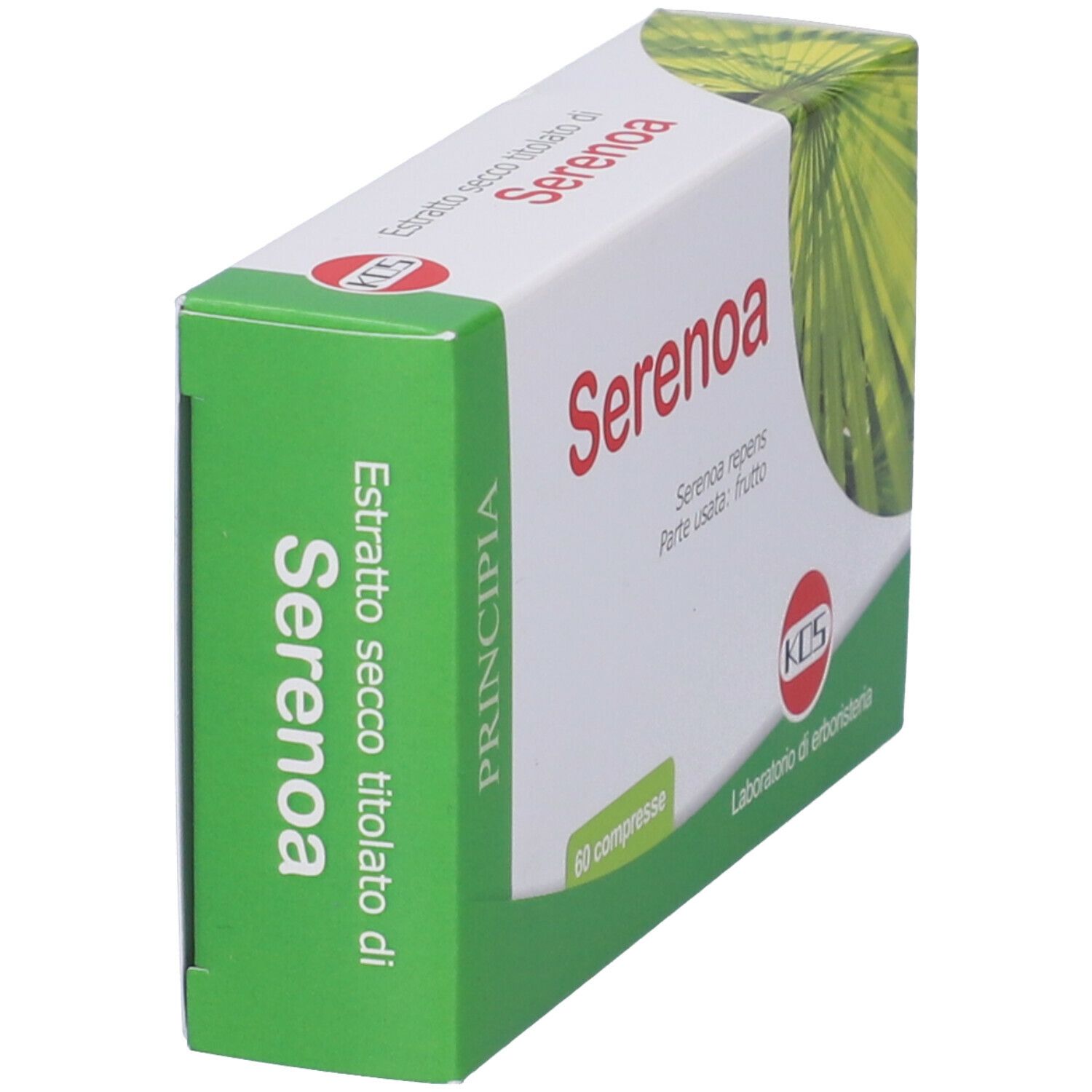 Scatola "Serenoa" in prospettiva. Confezione verde e bianca con nome del prodotto e logo. Forma squadrata.