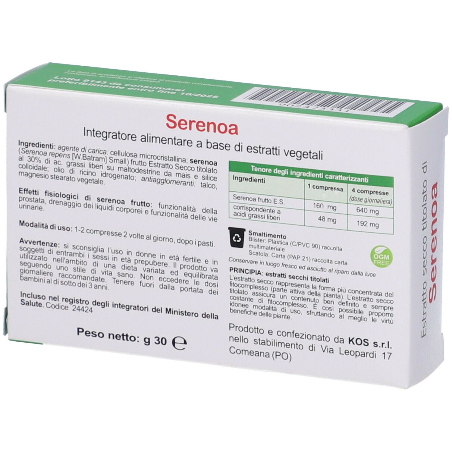 Retro della confezione "Serenoa". Testo con ingredienti e informazioni. Confezione verde e bianca.
