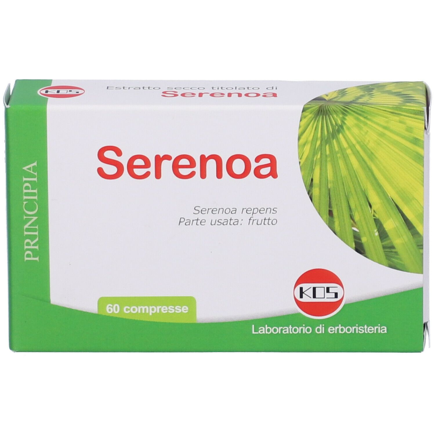Scatola di compresse "Serenoa". Confezione verde e bianca con nome del prodotto e logo. 60 compresse.