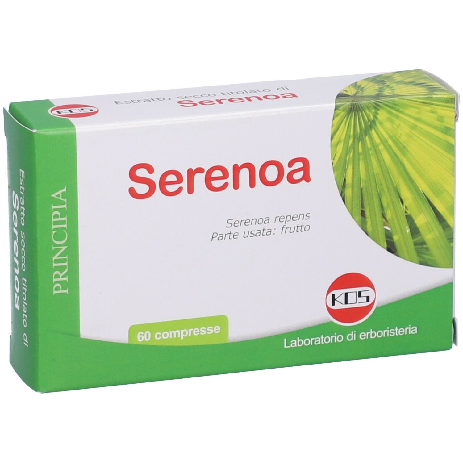 Scatola di compresse "Serenoa". Confezione verde e bianca con nome del prodotto e logo. 60 compresse.