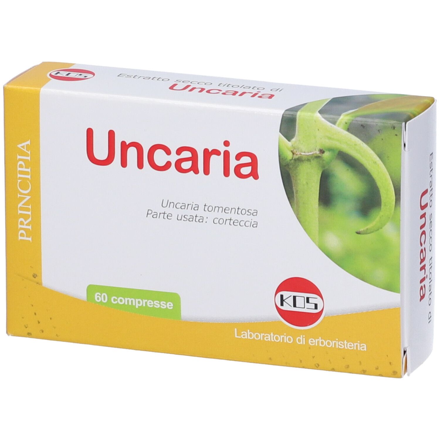Scatola di compresse KOS Uncaria. Rettangolare, giallo-bianca, con nome e illustrazione. Contiene 60 compresse.