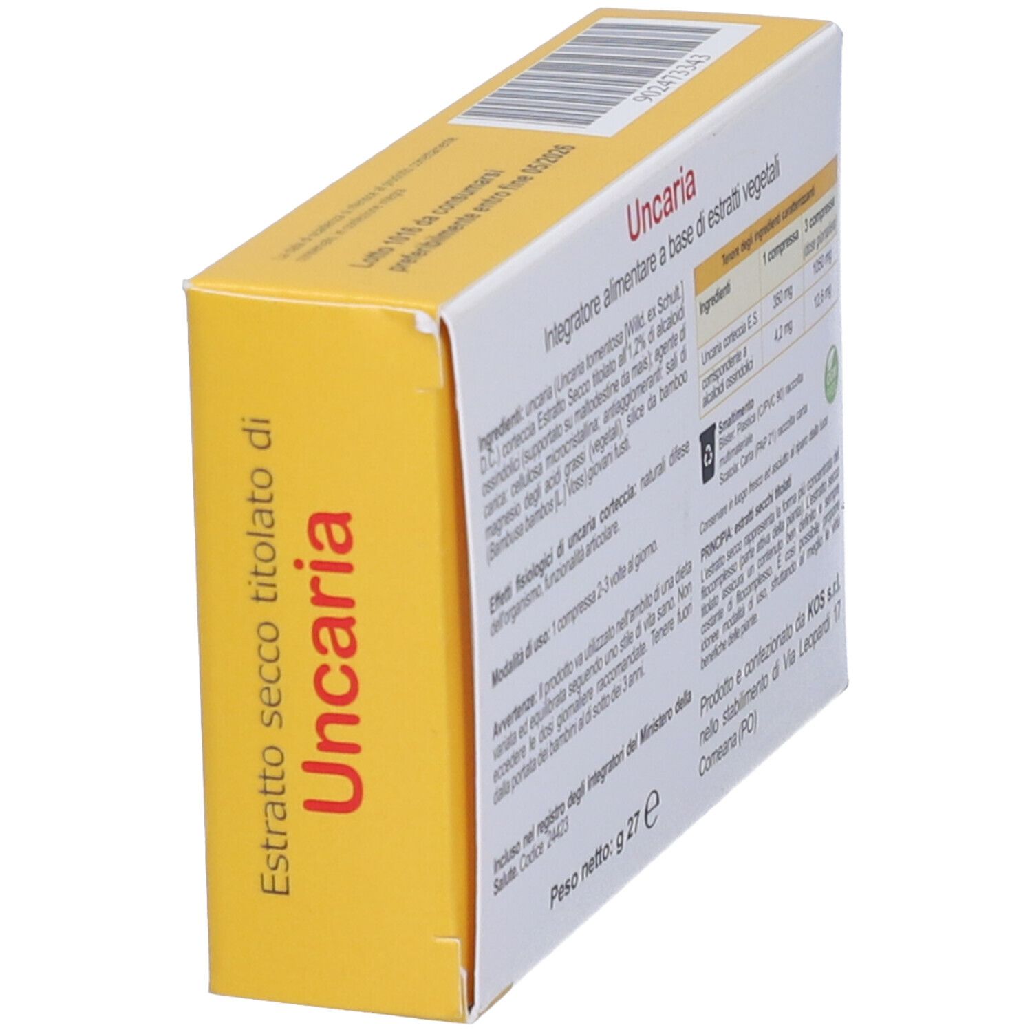 Scatola di compresse KOS Uncaria, in diagonale. Giallo-bianca con nome e informazioni. 27g.