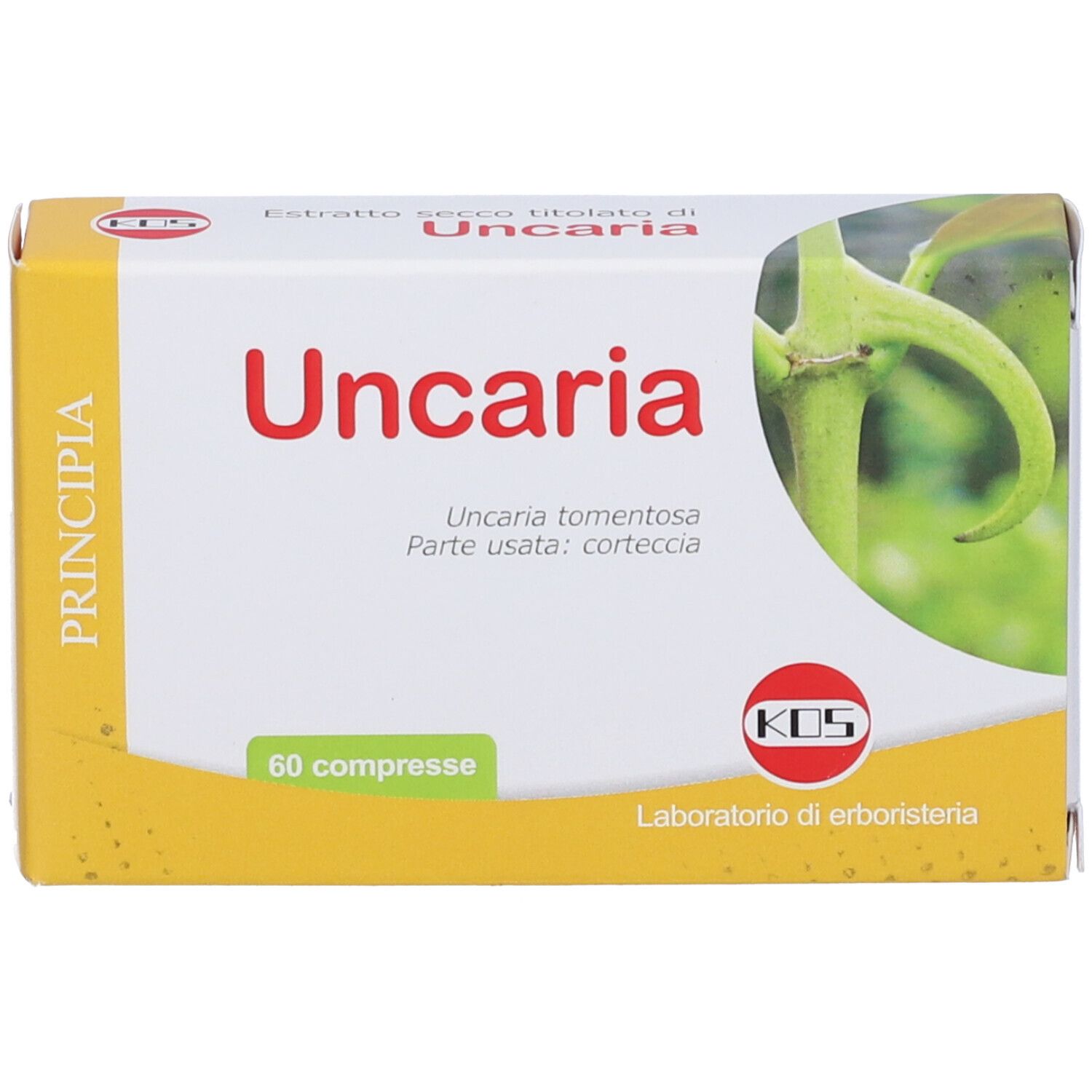 Scatola di compresse KOS Uncaria. Rettangolare, giallo-bianca, con nome e illustrazione. Contiene 60 compresse.