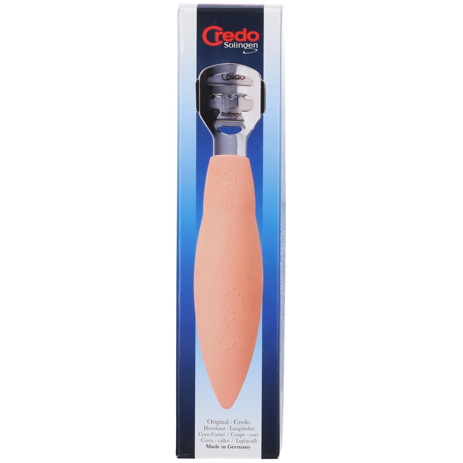 Raspa per piedi con manico color albicocca e lama, in confezione. Marchio Credo Solingen.