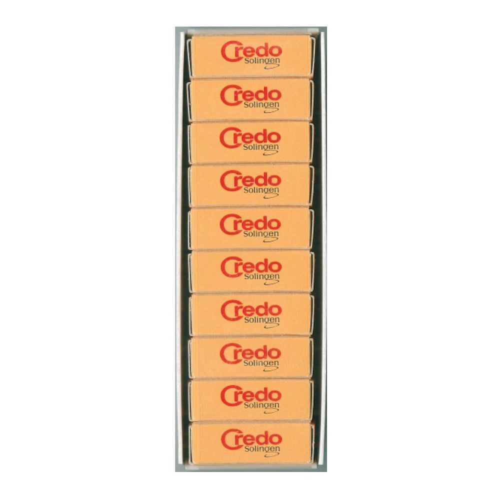 Espositore con dieci scatole arancioni. Ogni scatola ha la scritta rossa "Credo Solingen".