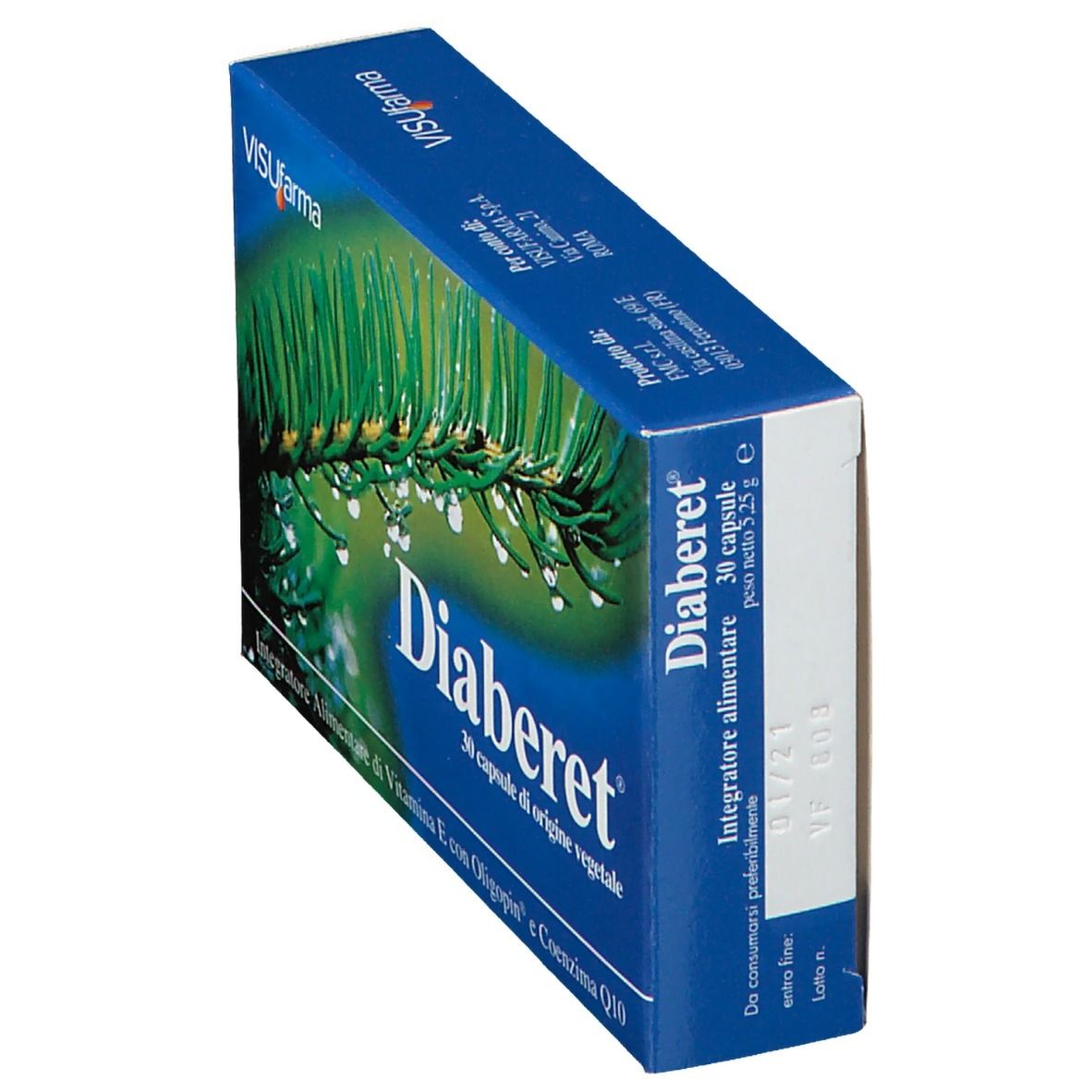 Blaue Diaberet-Schachtel, schräg. Aufschrift: 30 Kapseln. Hintergrund: Tannenzweig mit Wassertropfen.