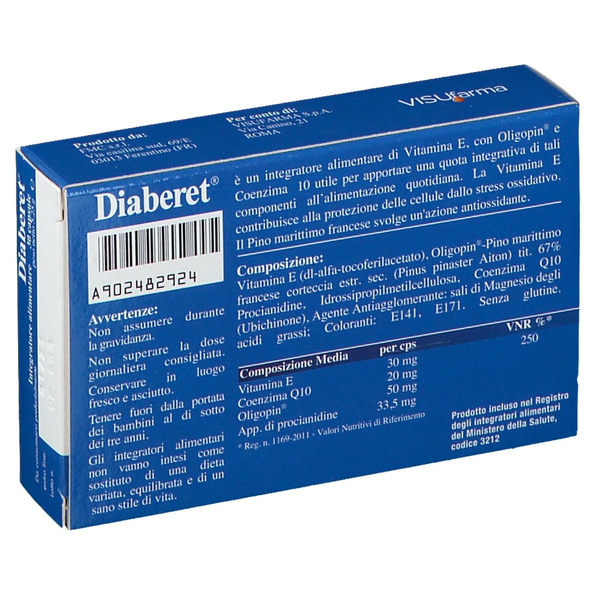 Rückseite der blauen Diaberet-Schachtel. Text: Inhaltsstoffe, Warnhinweise, Nährwertangaben.
