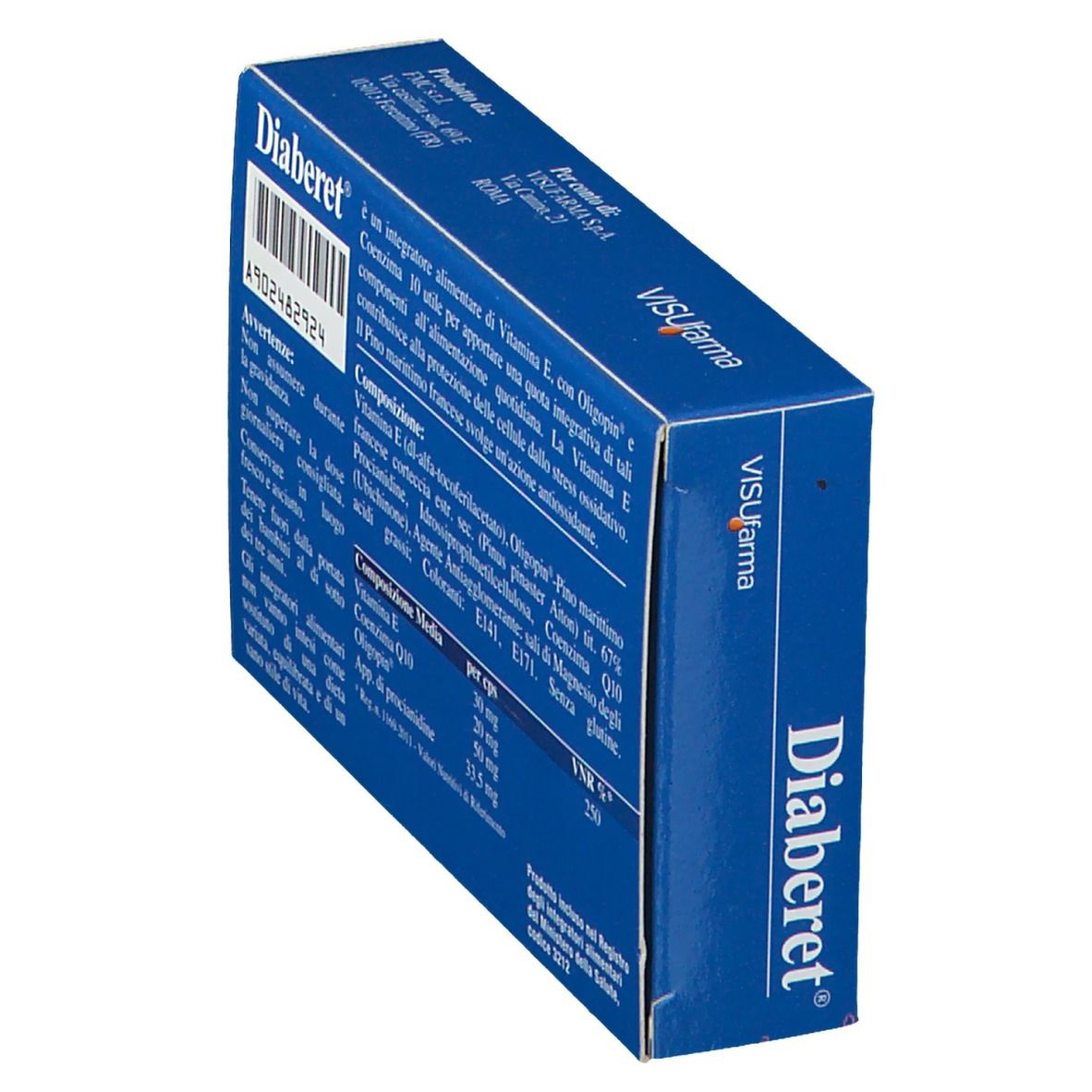 Blaue Diaberet-Schachtel, schräg. Rückseite mit Text: Inhaltsstoffe, Warnhinweise, Nährwertangaben.