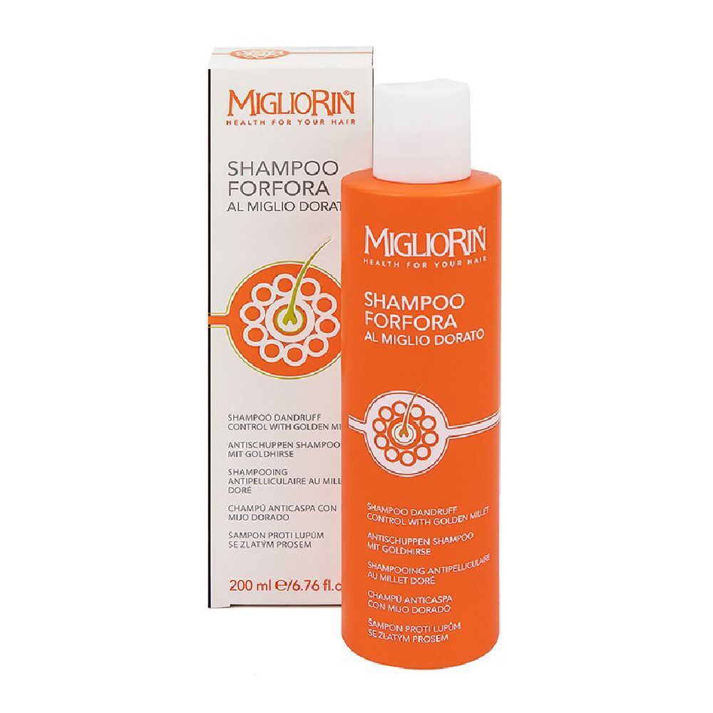 Flacone arancione con tappo bianco. Scritta: Migliorin Shampoo Forfora Al Miglio Dorato. Scatola con informazioni sul prodotto.