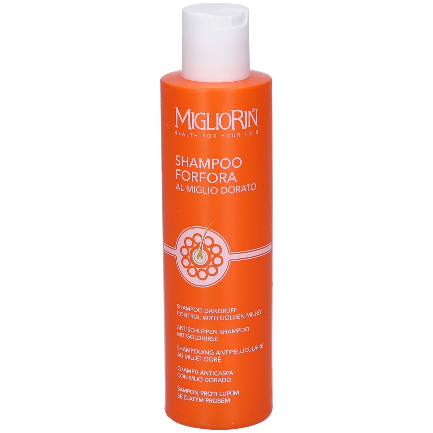 Flacone arancione con tappo bianco. Scritta: Migliorin Shampoo Forfora Al Miglio Dorato. Informazioni sul prodotto.