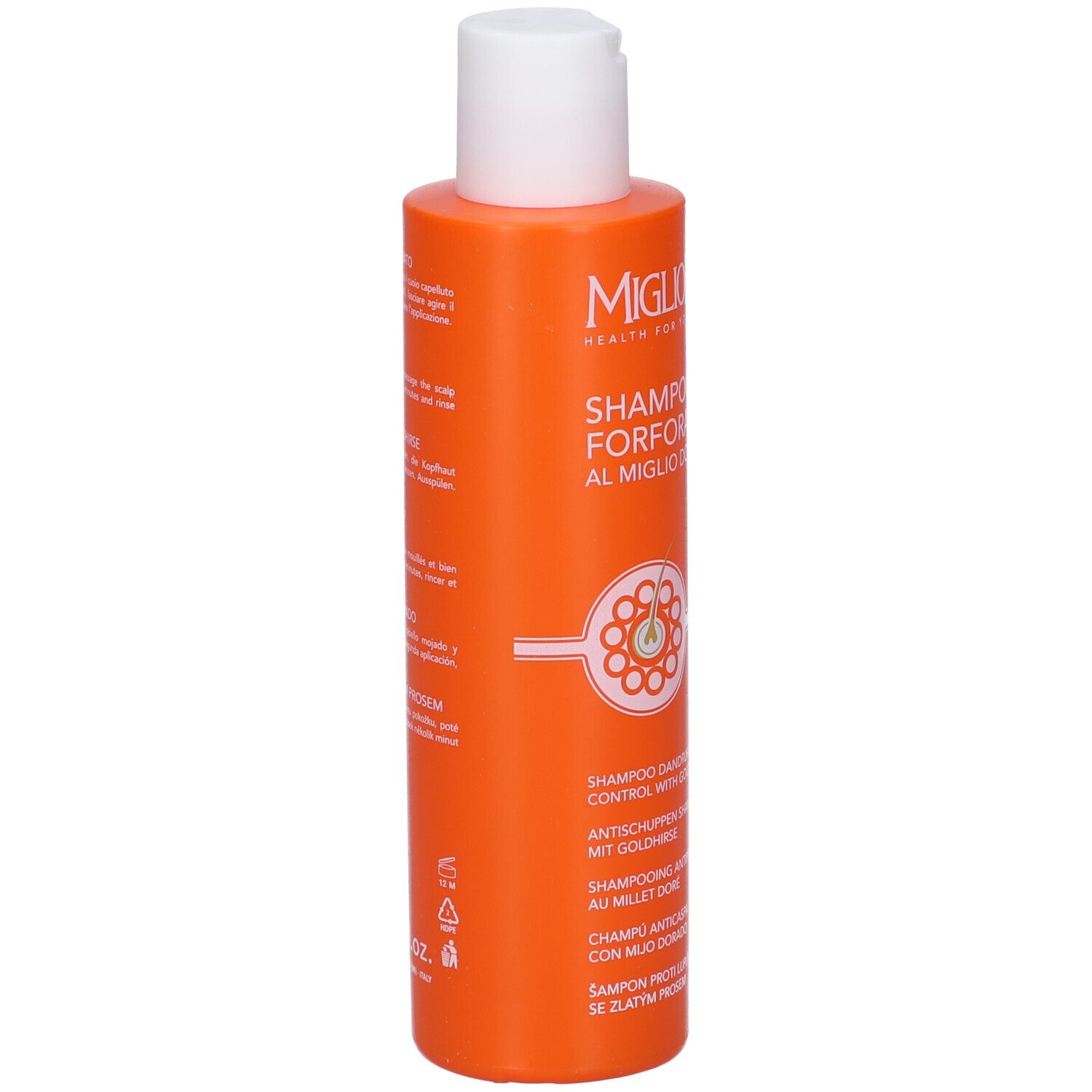Flacone arancione con tappo bianco. Scritta: Migliorin Shampoo Forfora Al Miglio Dorato. Informazioni sul prodotto.