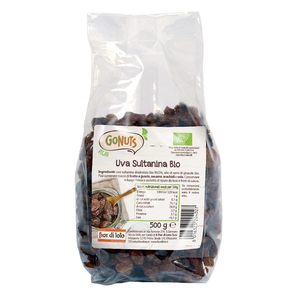 Confezione trasparente di Uva Sultanina Bio, 500g, GoNuts. Etichetta bio.