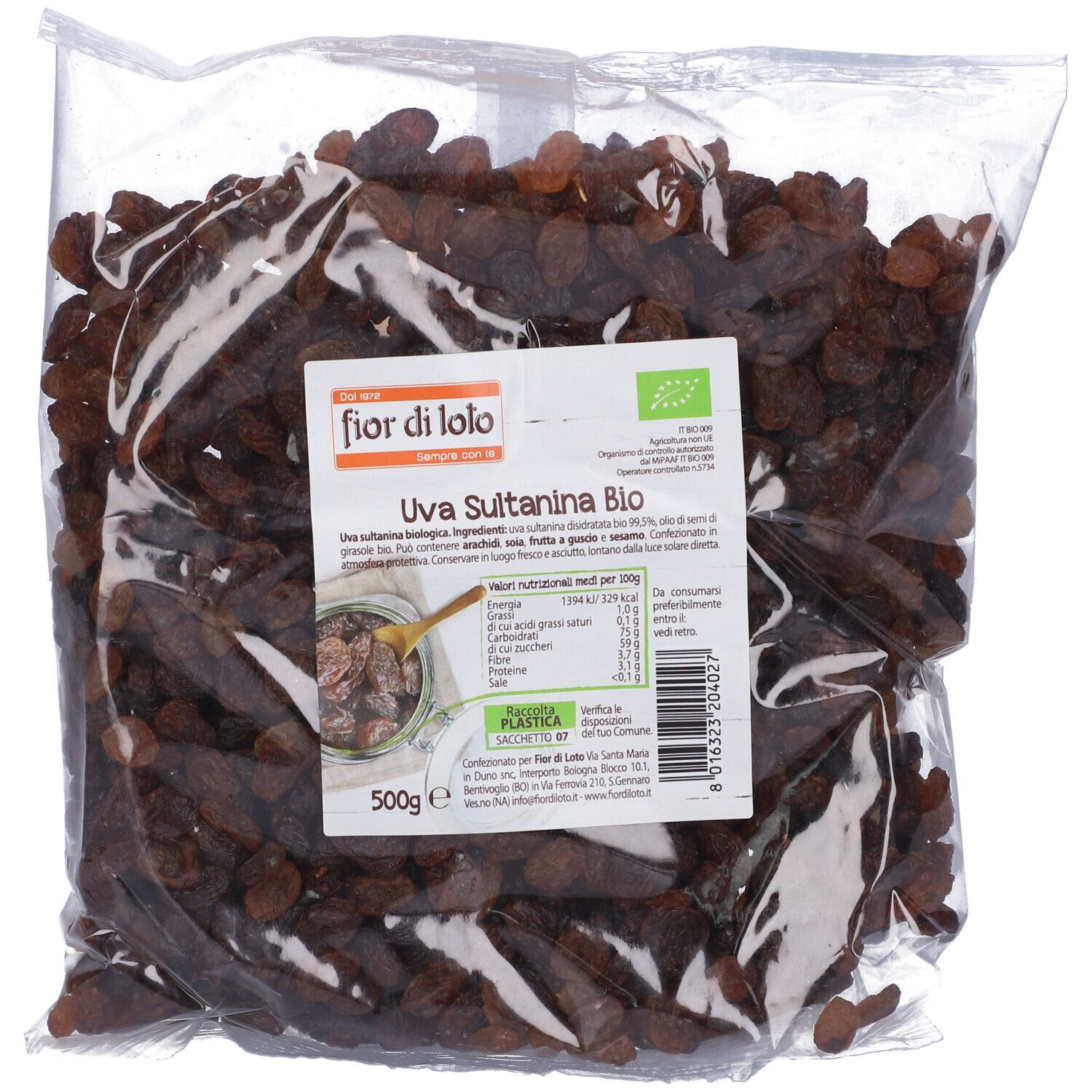 Confezione trasparente di Uva Sultanina Bio, 500g, GoNuts. Etichetta bio.