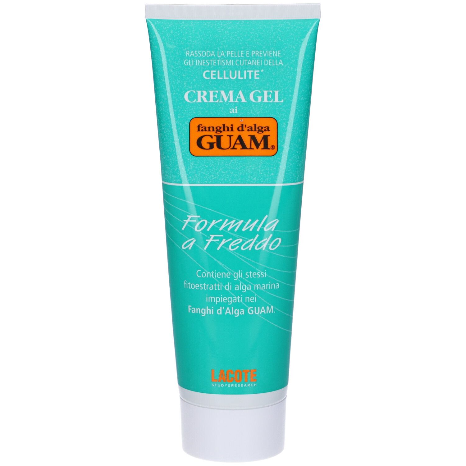 Tubo turchese e bianco di Crema Gel con alghe. Scritta: GUAM, Formula a Freddo. Tappo bianco.