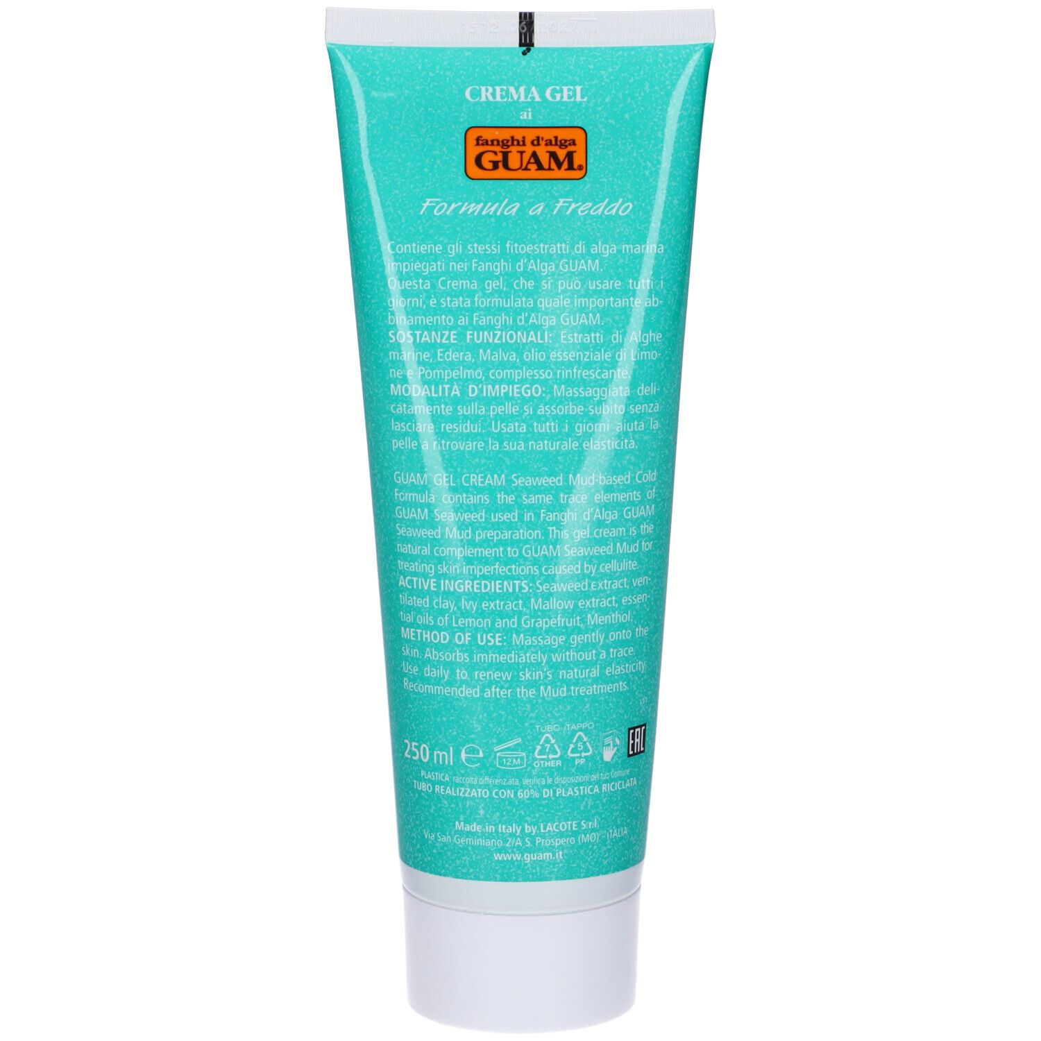 Retro del tubo di Crema Gel. Turchese con testo bianco. Contiene informazioni su ingredienti e uso.