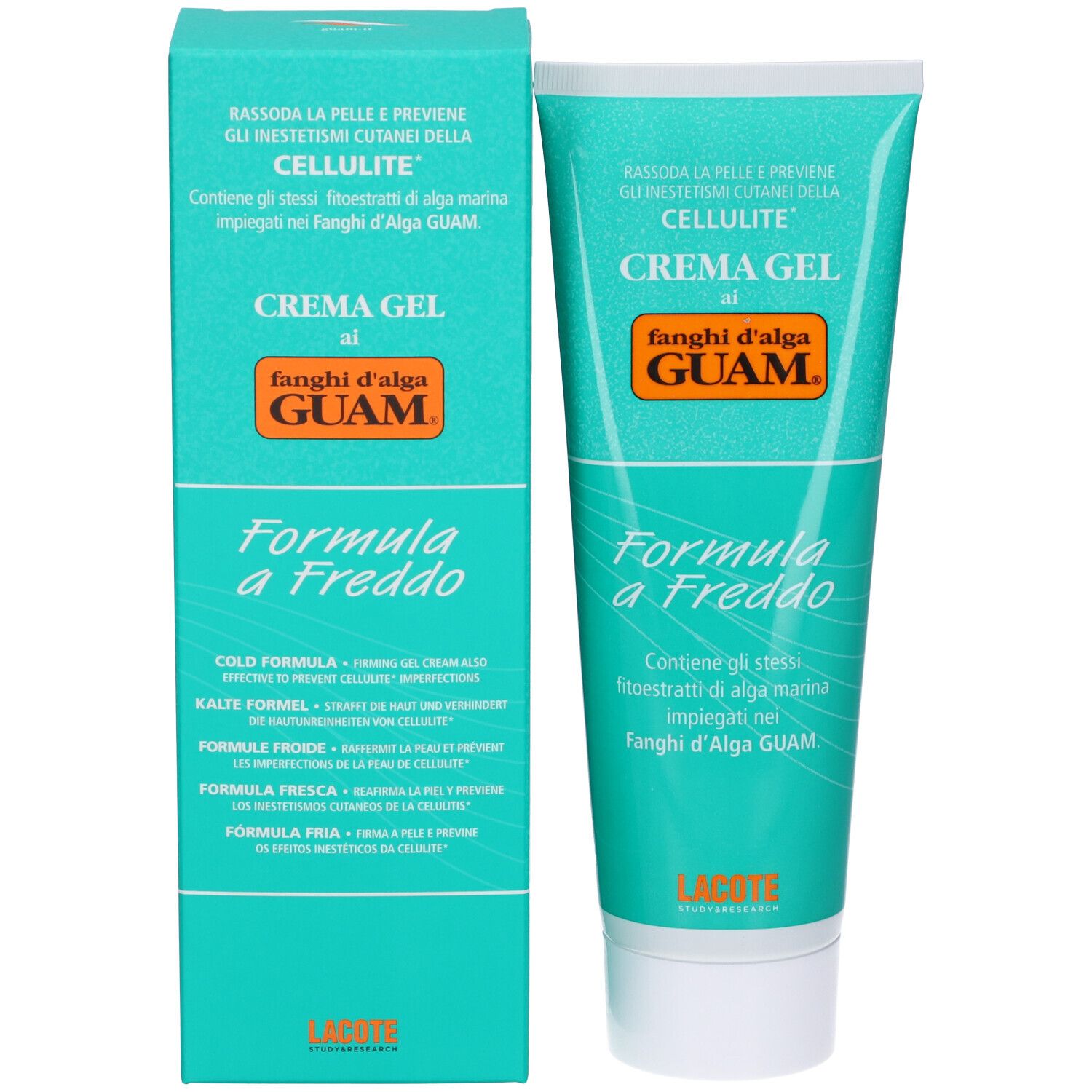 Tubo e scatola di Crema Gel. Turchese e bianco. Scritta: GUAM, Formula a Freddo. Contiene informazioni.