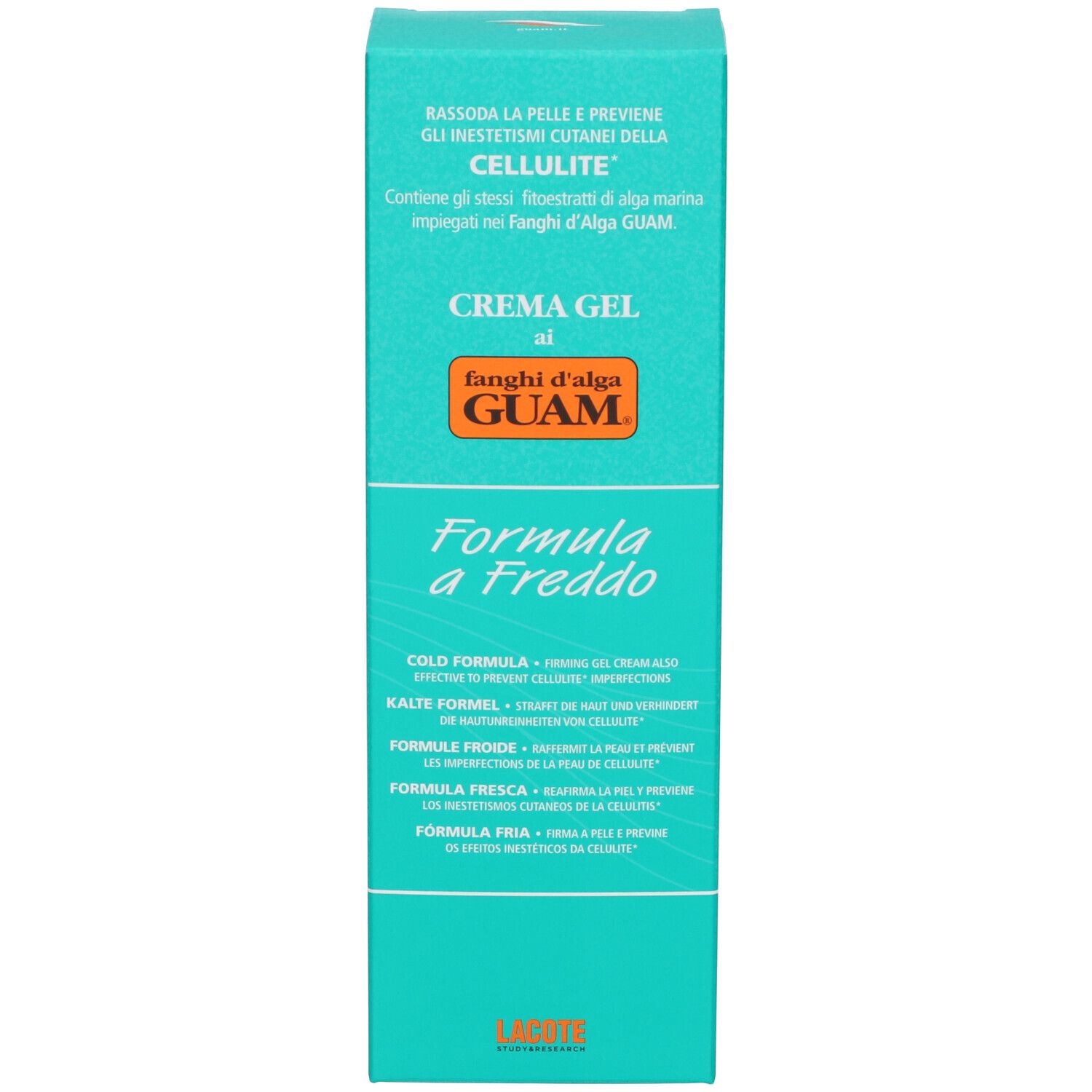 Scatola di Crema Gel. Turchese e bianco. Scritta: GUAM, Formula a Freddo. Contiene informazioni multilingue.