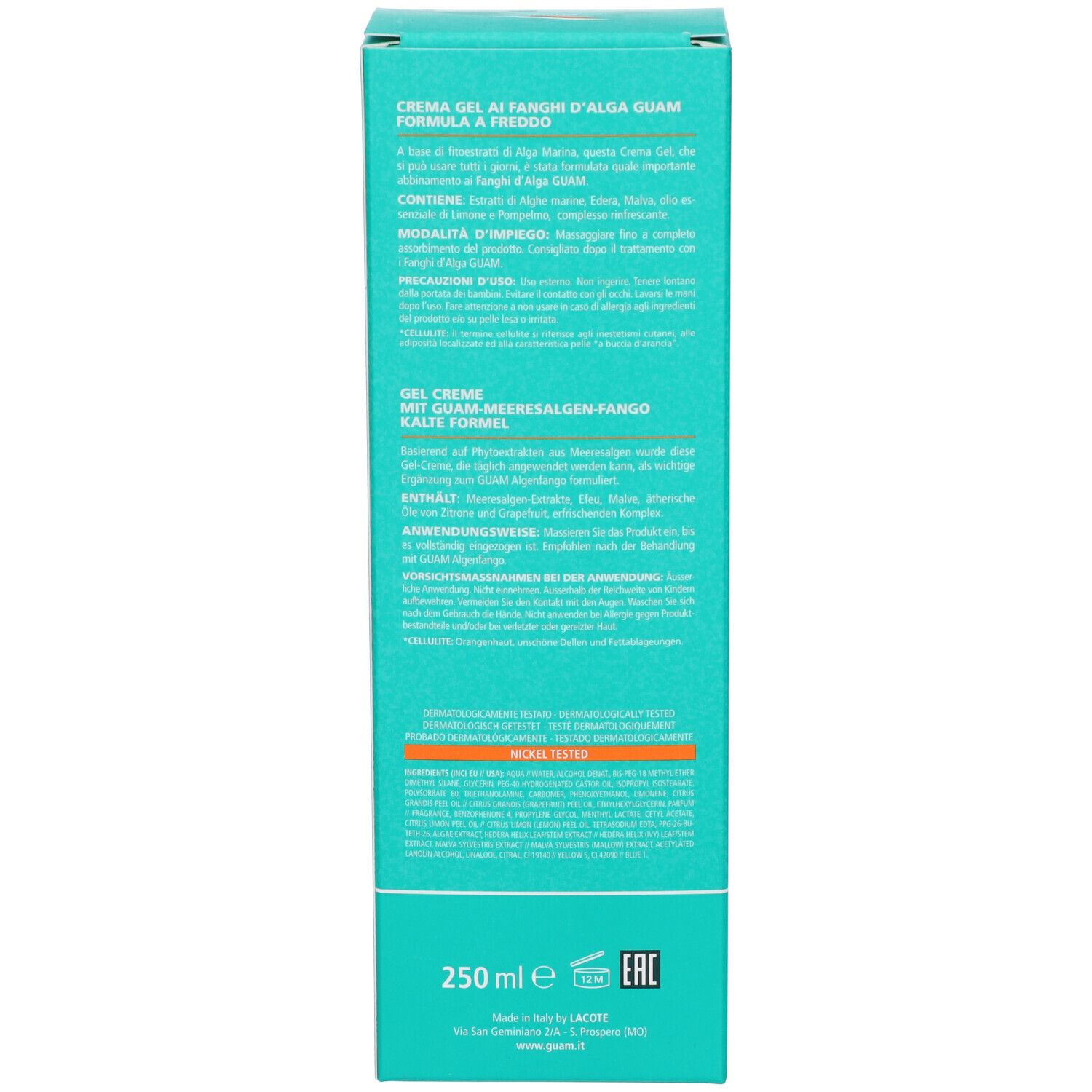 Retro della scatola di Crema Gel. Turchese con testo bianco. Contiene informazioni su ingredienti e uso.
