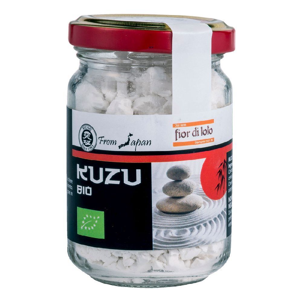 Barattolo di vetro con contenuto bianco. Coperchio rosso, etichetta bianca con testo e logo. Scritta "Kuzu BIO".