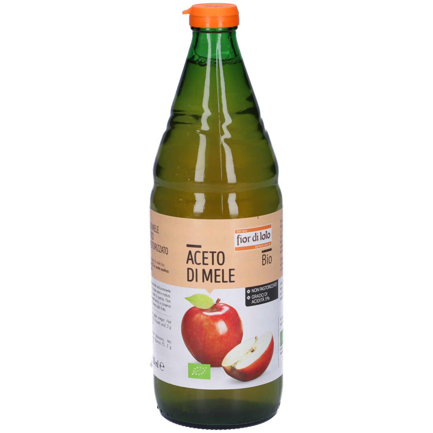 Bottiglia di vetro verde con tappo arancione. Etichetta con immagine di mela e testo: Aceto di Mele, Bio, Non Pastorizzato.