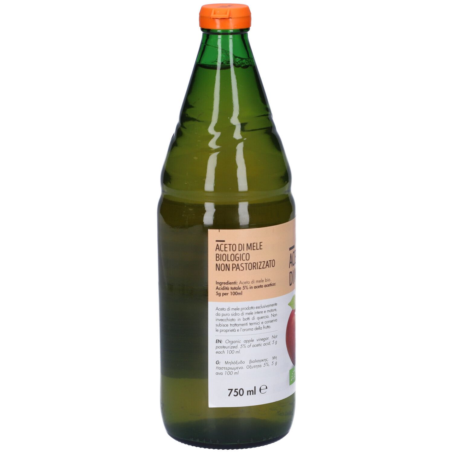 Bottiglia di vetro verde con tappo arancione. Etichetta con immagine di mela e testo: Aceto di Mele, Bio, Non Pastorizzato.