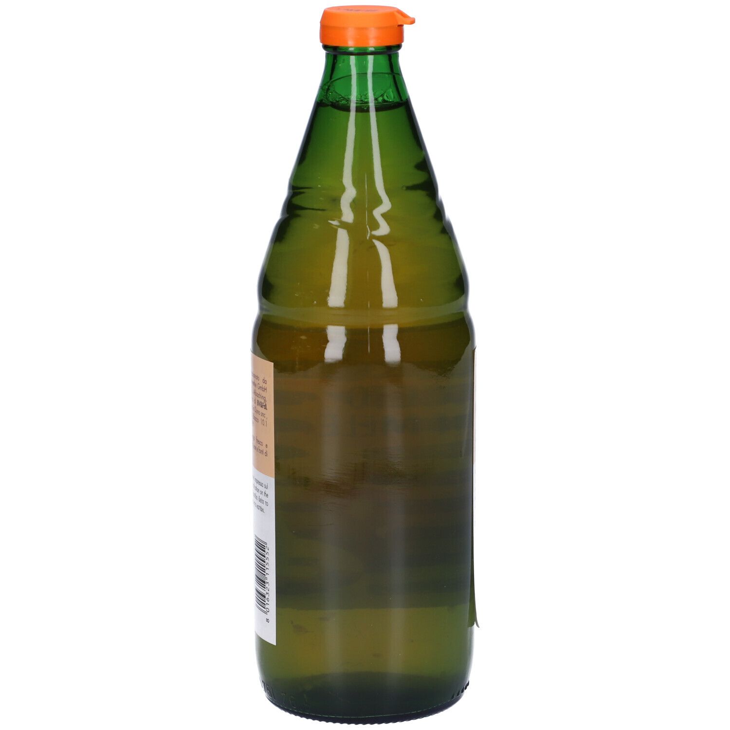 Bottiglia di vetro verde con tappo arancione. Etichetta con testo e codice a barre. Prodotto visto di lato.
